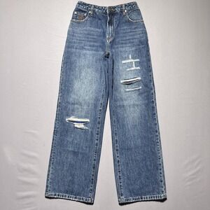 One Teaspoon Low Riders Wide Leg Jeans Womens 25x31 Blue Distressed Mid‎ Rise